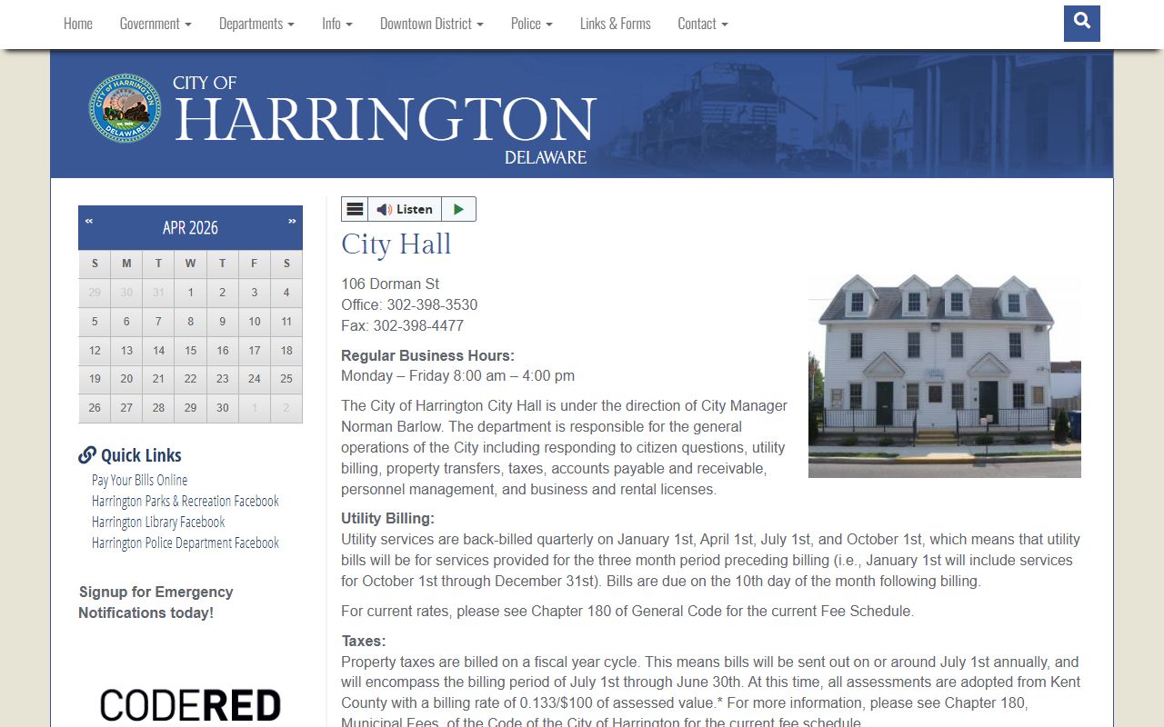 Harrington Delaware City Hall contact information and services