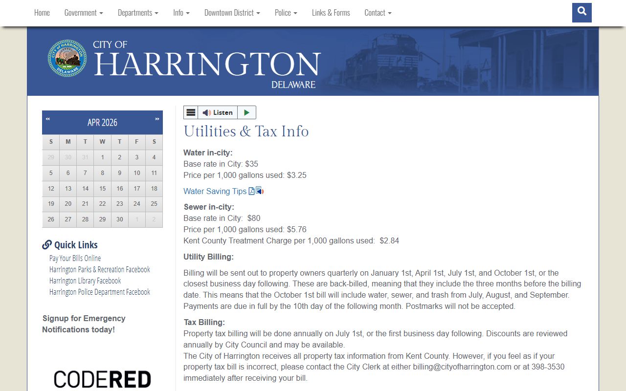 Harrington Delaware utilities and tax billing information and schedule