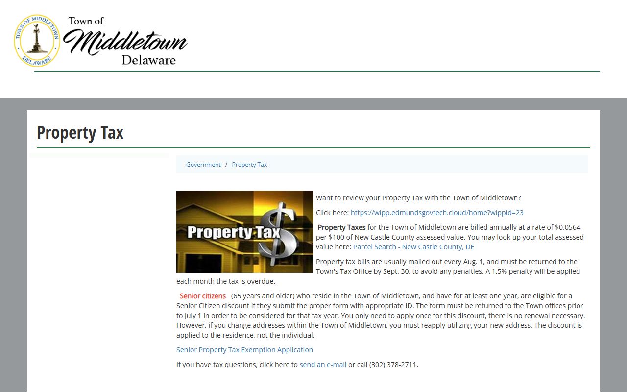 Middletown Delaware property tax information and billing schedule