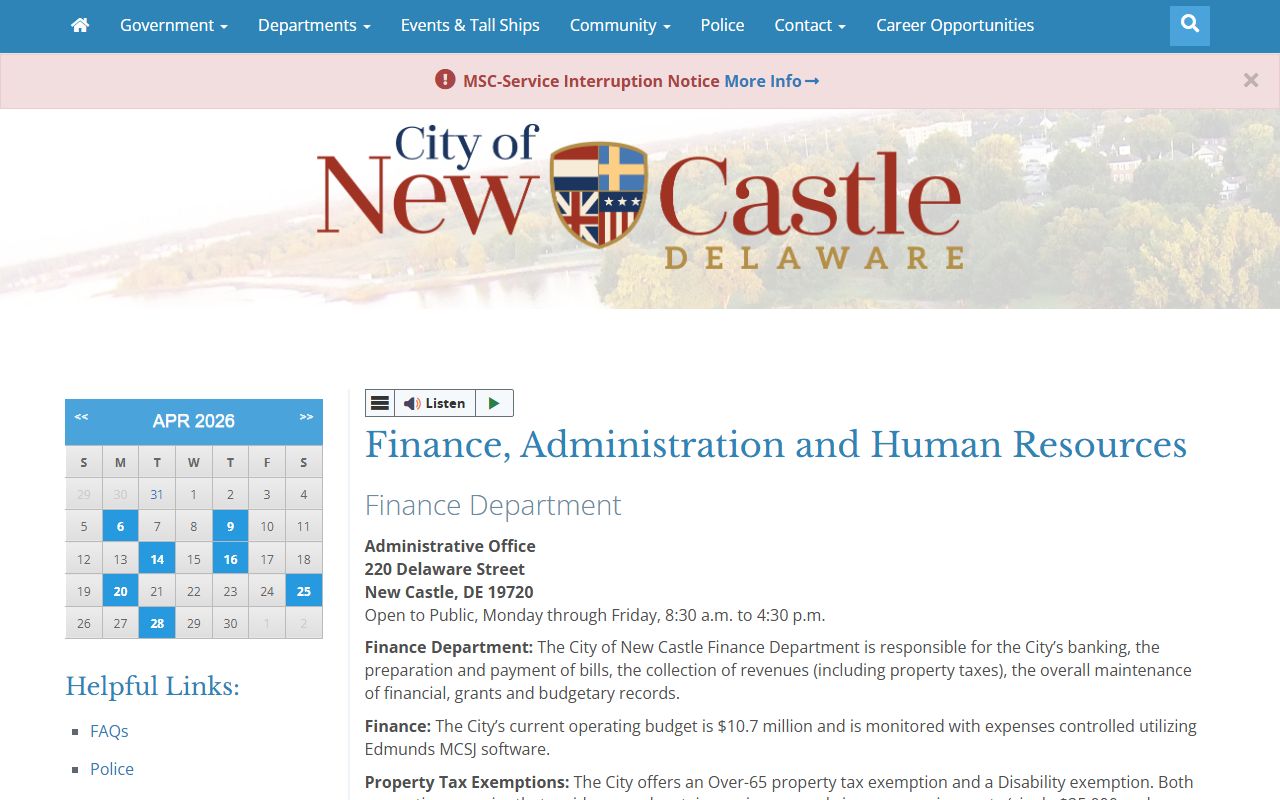 City of New Castle Delaware Finance Administration contact and property tax