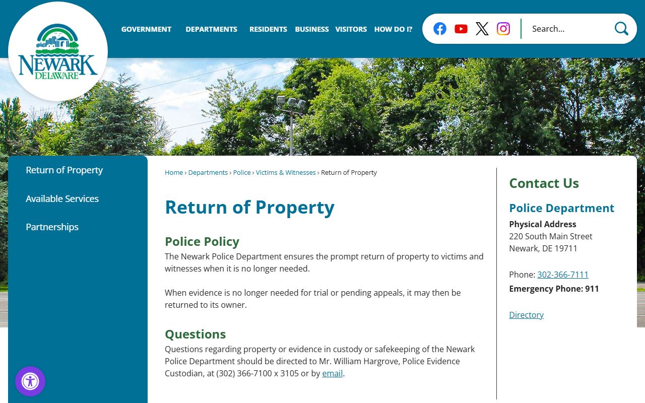 Newark Delaware Police Department return of property and found items