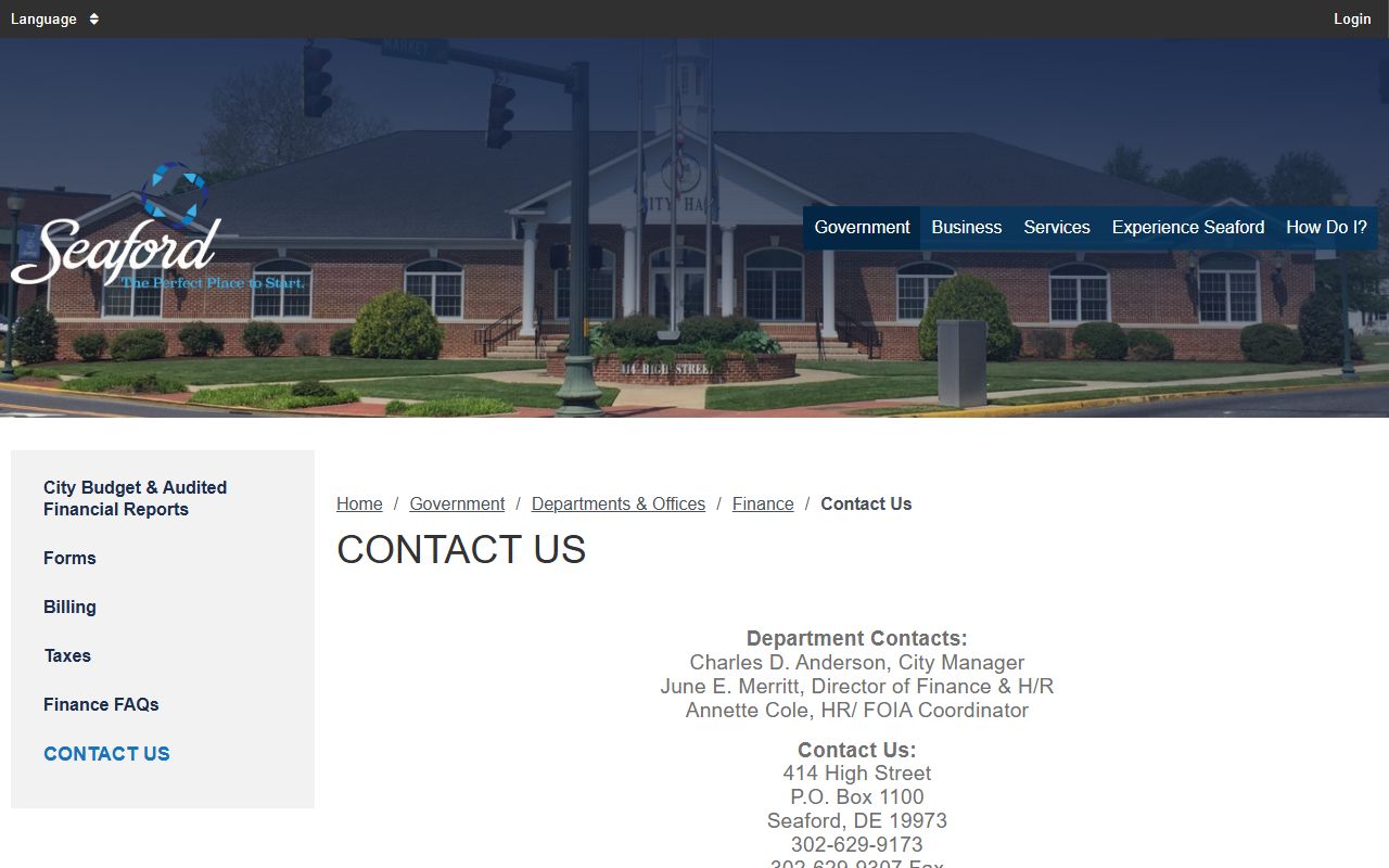 City of Seaford Finance Department contact and payment options