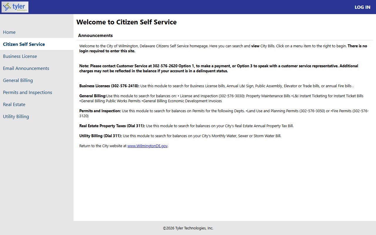 Wilmington Delaware Citizen Self Service portal for city bill search