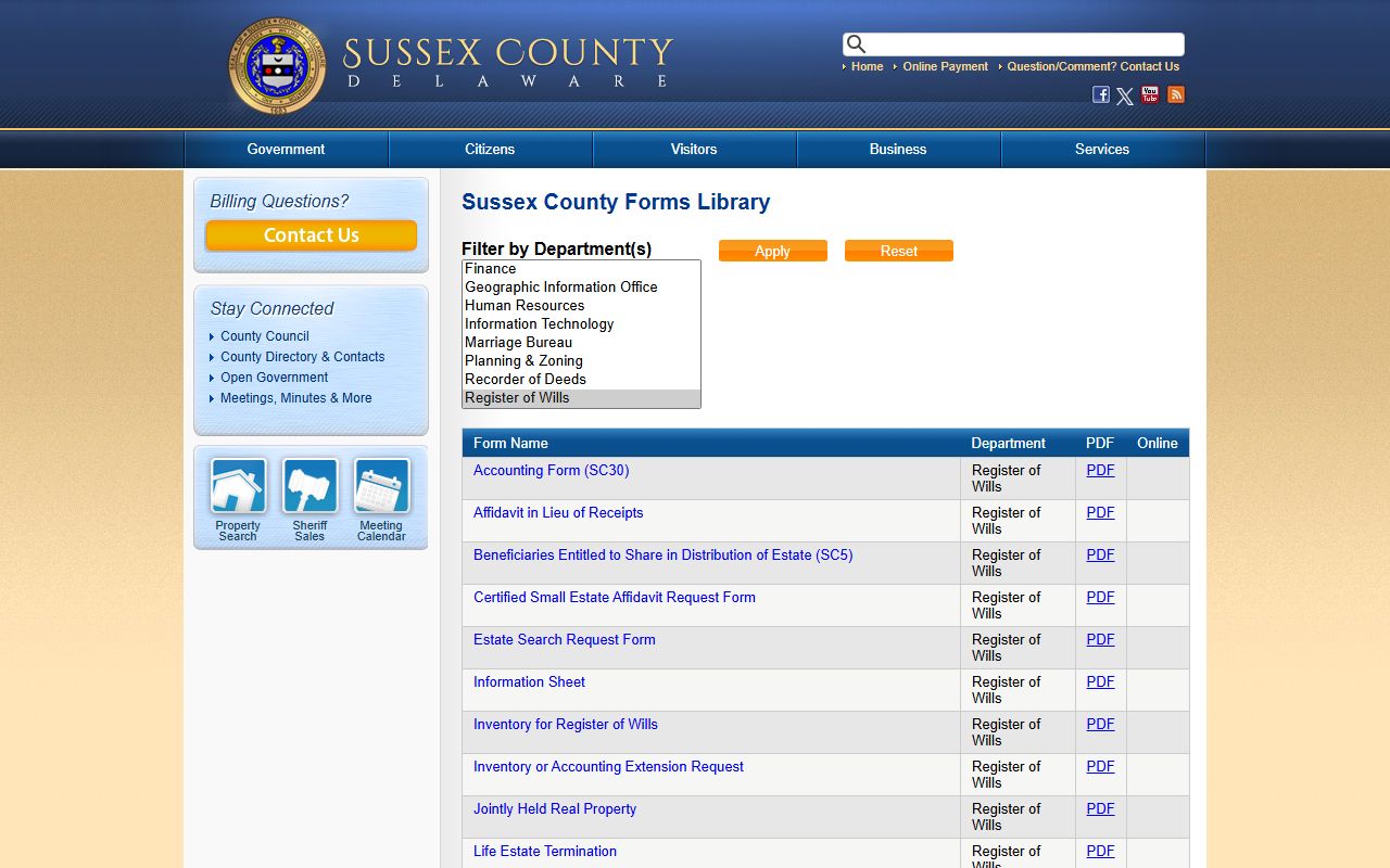 Sussex County Register of Wills forms and estate administration
