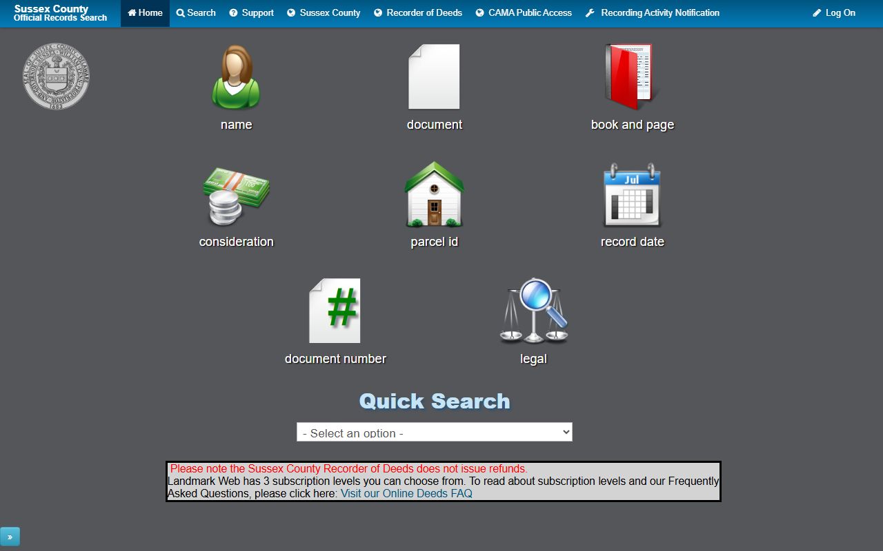 Sussex County online land records search portal for property documents