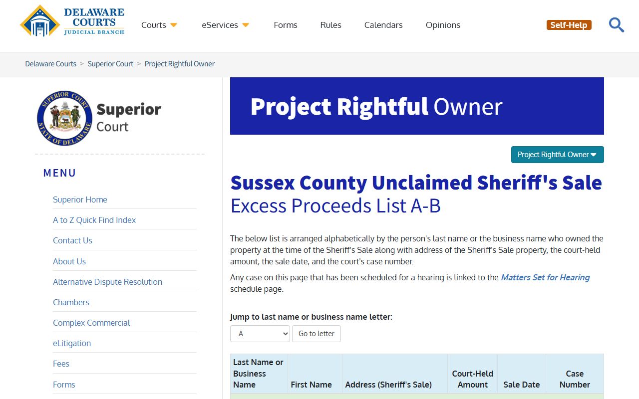 Sussex County Project Rightful Owner excess proceeds sheriff's sale list