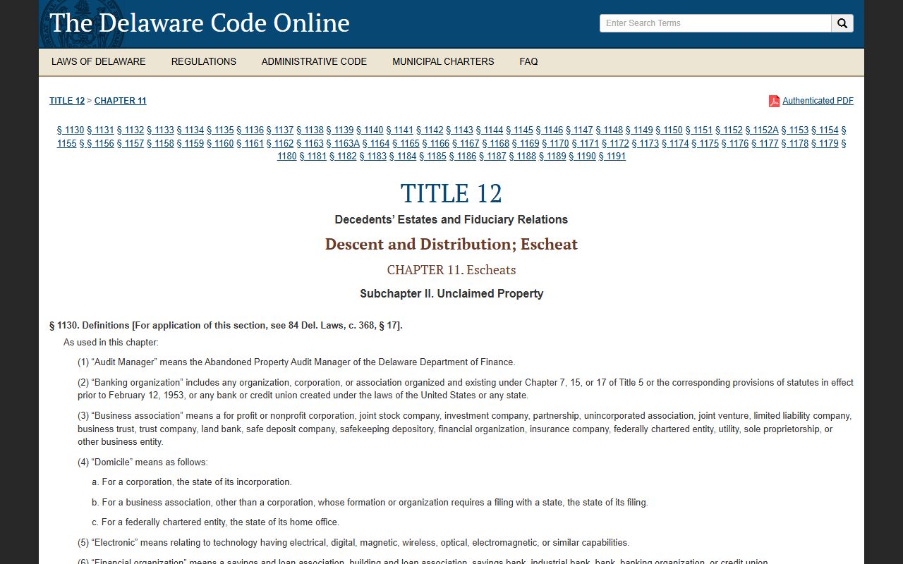 Delaware unclaimed money statute Title 12 Chapter 11 Delaware Code