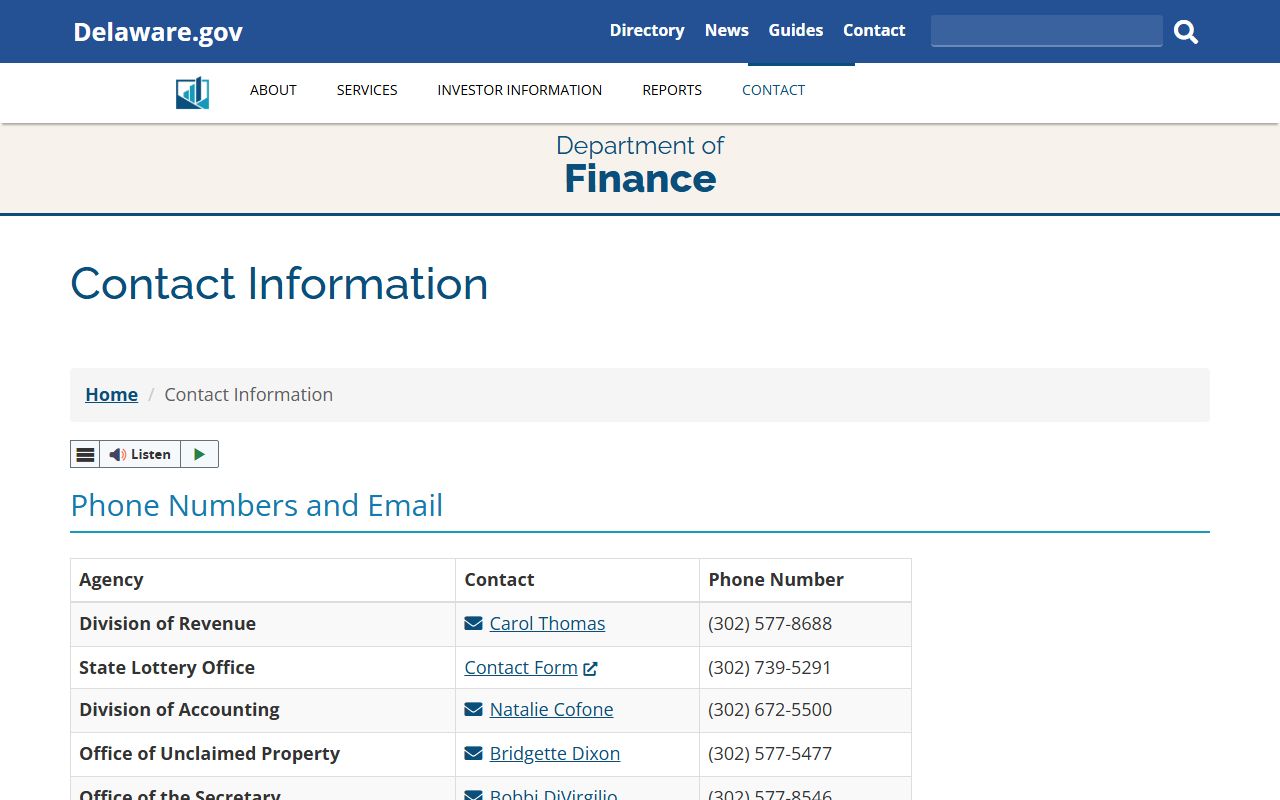 Delaware Department of Finance contact information for unclaimed money inquiries