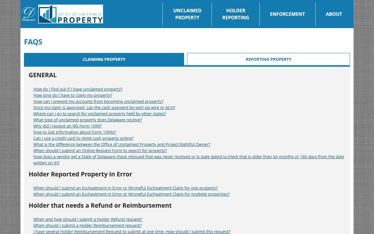 Delaware unclaimed money FAQ for claimants filing process