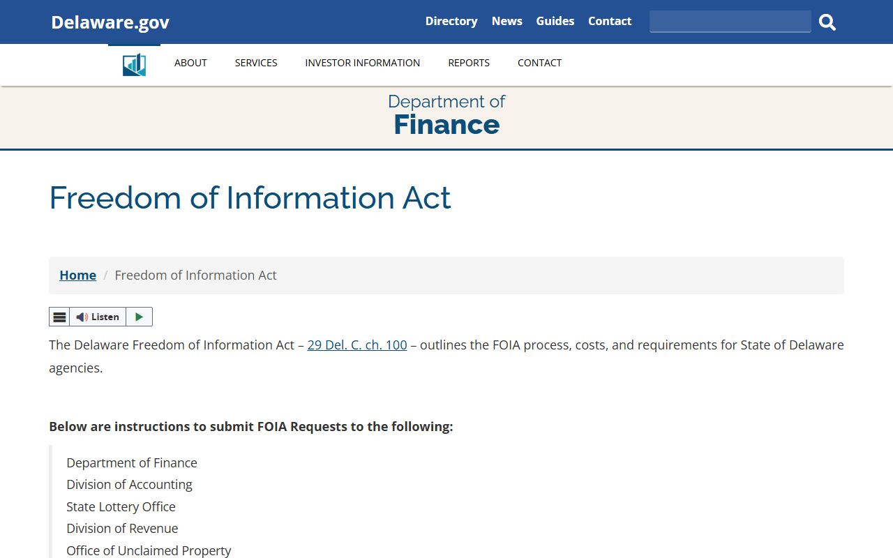 Delaware Department of Finance FOIA public records request for unclaimed money