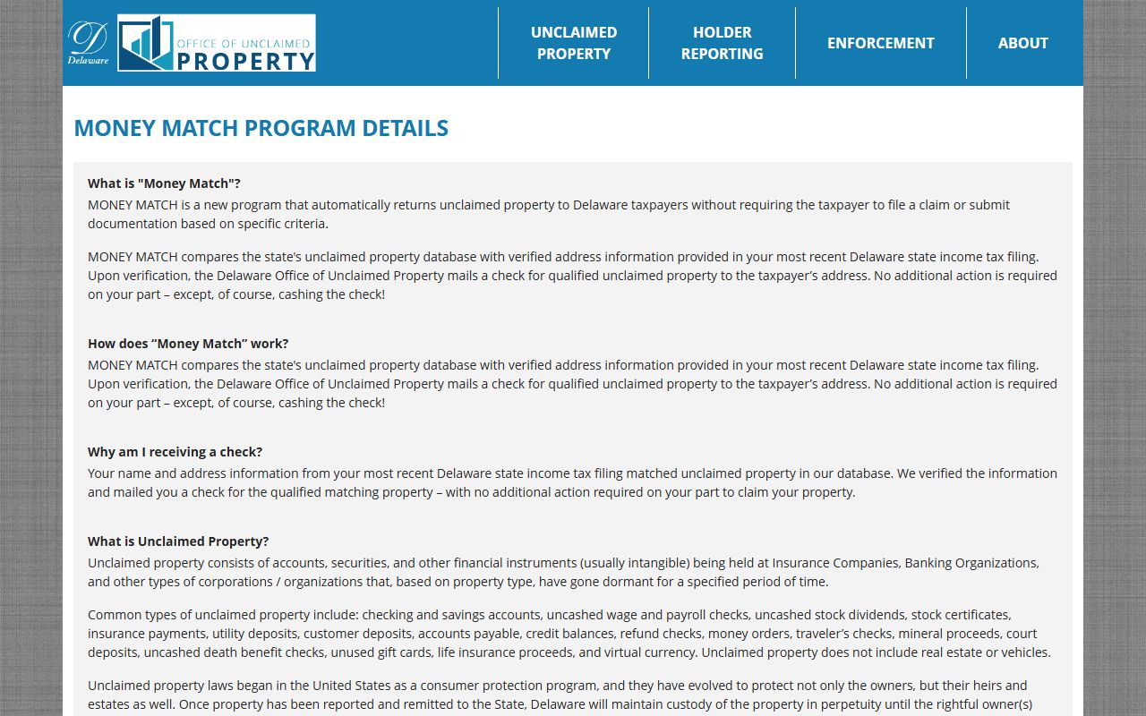 Delaware MONEY MATCH automatic unclaimed money return program