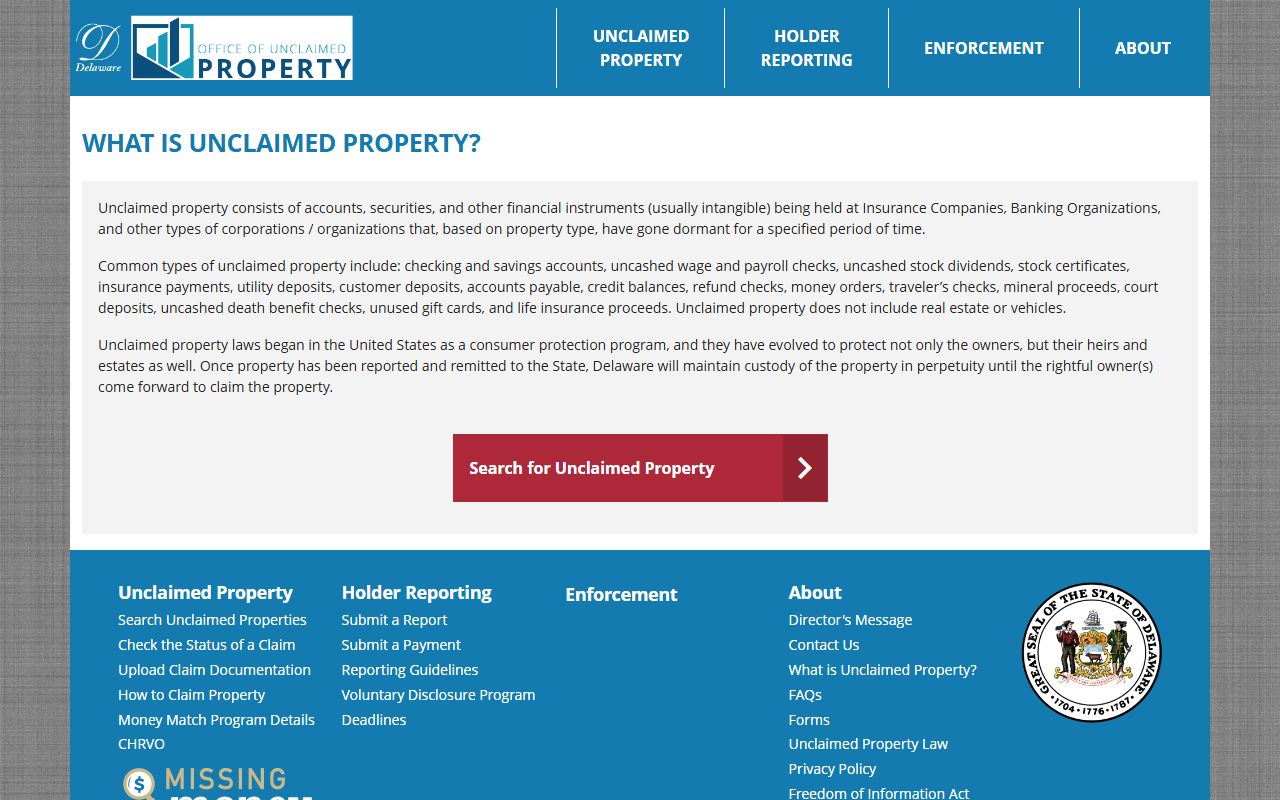 Delaware unclaimed property educational page explaining property types